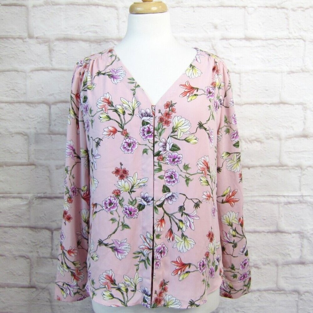 Stitch Fix 41 Hawthorne Pink Floral Roll Tab Sleeve Blouse Size M